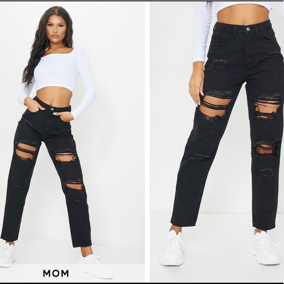 Denim - NWT PRETTYLITTLETHING Washed Black Ripped Mom Jeans